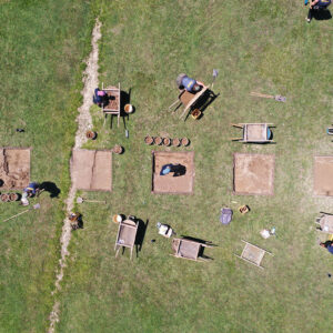 A drone shot of the first 5' x 5' excavation squares in Smithfield