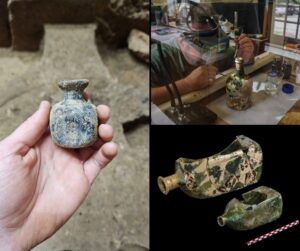 A graphic made up of three images of recent work on glass at Jamestown. The first and largest image is of a small, fully-intact glass bottle seen in a person's hand. One of the smaller images shows two mended, rectangular case bottles, one smaller and one much larger. The third photo shows a man with magnifying googles on delicately cleaning a glass bottle using a paintbrush and scalpel.
