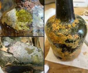 A graphic made of three photos of different types and severities of glass degredation or dealkalization. The glass is severely cracked and the gel layers show variation in color from iridescent to gold. Pristine sub-surface glass is seen in several patches.