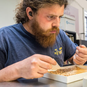 Archaeological Field Technician Josh Barber examines a tiny artifact he found while picking through objects from excavations near the Seawall in 2021.
